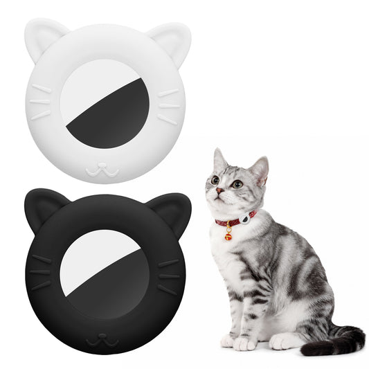kwmobile 1x Katzen Tracker Case kompatibel mit Apple AirTag Hülle - Katzenohr-Design Cover Set für Smarttag - ideal für Tier Halsbänder - Schwarz Weiß Schwarz