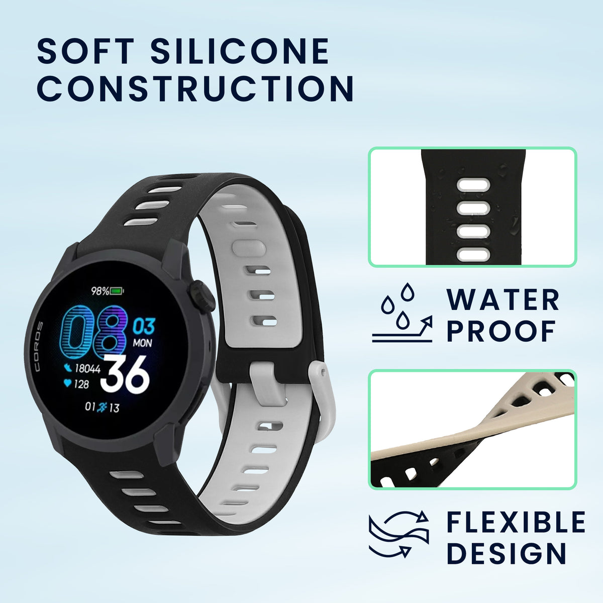 kwmobile 2x Uhrenarmband für COROS PACE 4 / PACE 3 / APEX 4 / APEX Pro Armband - Fitnesstracker Band Set aus TPU Silikon - Ersatzarmband Smartwatch - Grau Schwarz Beige Schwarz Grau  [dsg02]