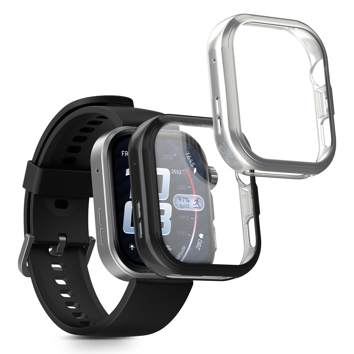 kwmobile 2x Silikon Hülle für Huawei Watch FIT 5 Pro Schutzhülle - Fullbody Display Cover Set aus Silikon - Silber Schwarz Silber  [dsg02]
