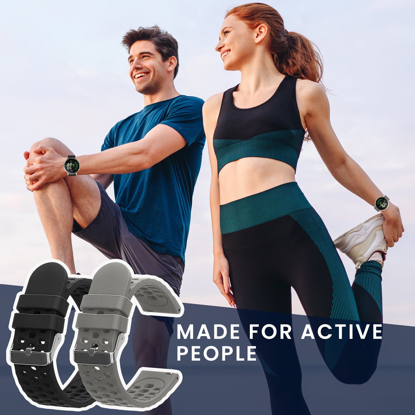 kwmobile 2x Uhrenarmband für Amazfit Active3 Premium Armband - Fitnesstracker Band Set aus TPU Silikon - Ersatzarmband Smartwatch - Grau Schwarz Grau  [dsg02]