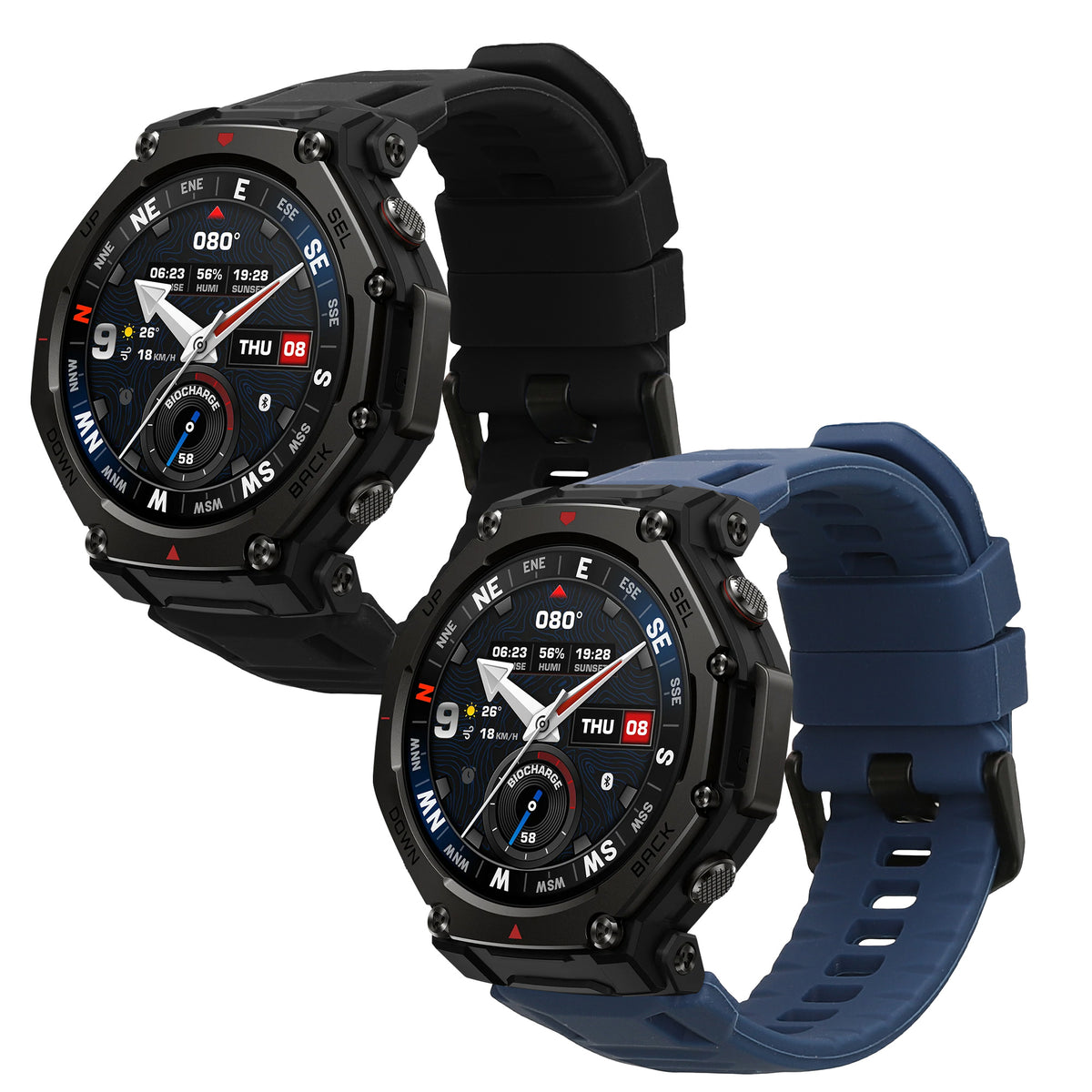 kwmobile 2x Uhrenarmband für Amazfit T-Rex3 Pro 44mm Armband - Fitnesstracker Band Set aus TPU Silikon - Ersatzarmband Smartwatch - Schwarz Dunkelblau Schwarz  [dsg01]