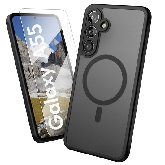 Oakshield Hülle für Samsung Galaxy A55 Hülle - Handyhülle [kompatibel mit MagSafe] - TPU Schutzhülle [robuster Fallschutz] - Mit [Schutzglas] - Case Schwarz Schwarz  