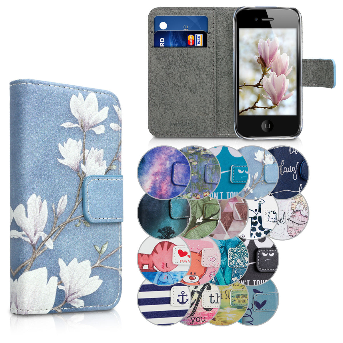 kwmobile Wallet Case kompatibel mit Apple iPhone 4 / 4S Hülle - Cover mit Ständer und Kartenfächern - Magnolien Taupe Weiß Blaugrau Taupe  [dsg12]