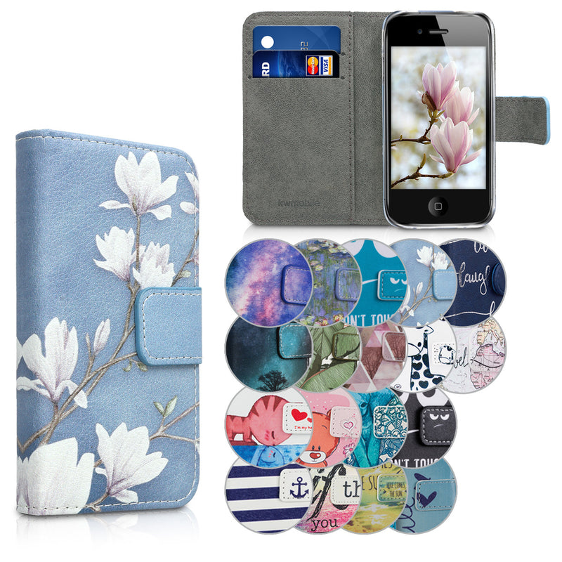 kwmobile Wallet Case kompatibel mit Apple iPhone 4 / 4S Hülle - Cover mit Ständer und Kartenfächern - Magnolien Taupe Weiß Blaugrau Taupe  [dsg12]