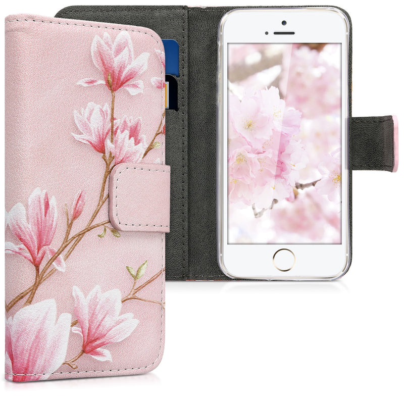 kwmobile Wallet Case kompatibel mit Apple iPhone SE (1.Gen 2016) / iPhone 5 / iPhone 5S Hülle - Cover mit Ständer und Kartenfächern - Ranken Schmetterling