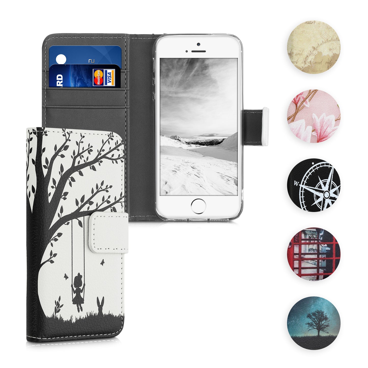 kwmobile Wallet Case kompatibel mit Apple iPhone SE (1.Gen 2016) / iPhone 5 / iPhone 5S Hülle - Cover mit Ständer und Kartenfächern - Mädchen Baumschaukel Schwarz Weiß Schwarz  [dsg31]