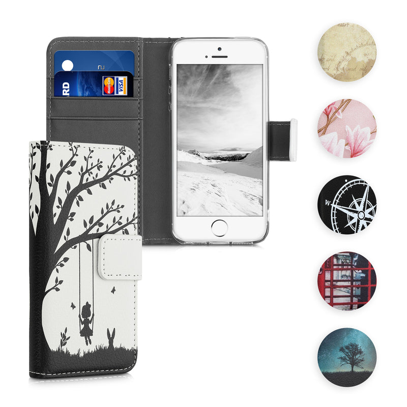 kwmobile Wallet Case kompatibel mit Apple iPhone SE (1.Gen 2016) / iPhone 5 / iPhone 5S Hülle - Cover mit Ständer und Kartenfächern - Mädchen Baumschaukel Schwarz Weiß Schwarz  [dsg31]