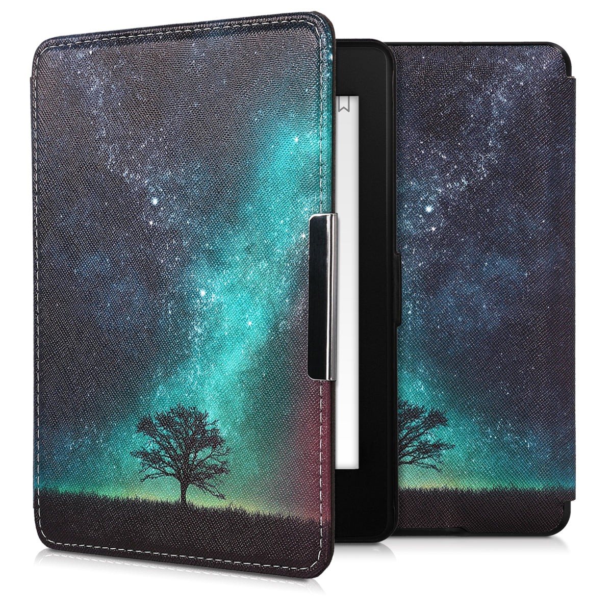 kwmobile Schutzhülle für Amazon Kindle Paperwhite Hülle - eReader Flip Case mit Auto Sleep Funktion - Galaxie Baum Wiese
