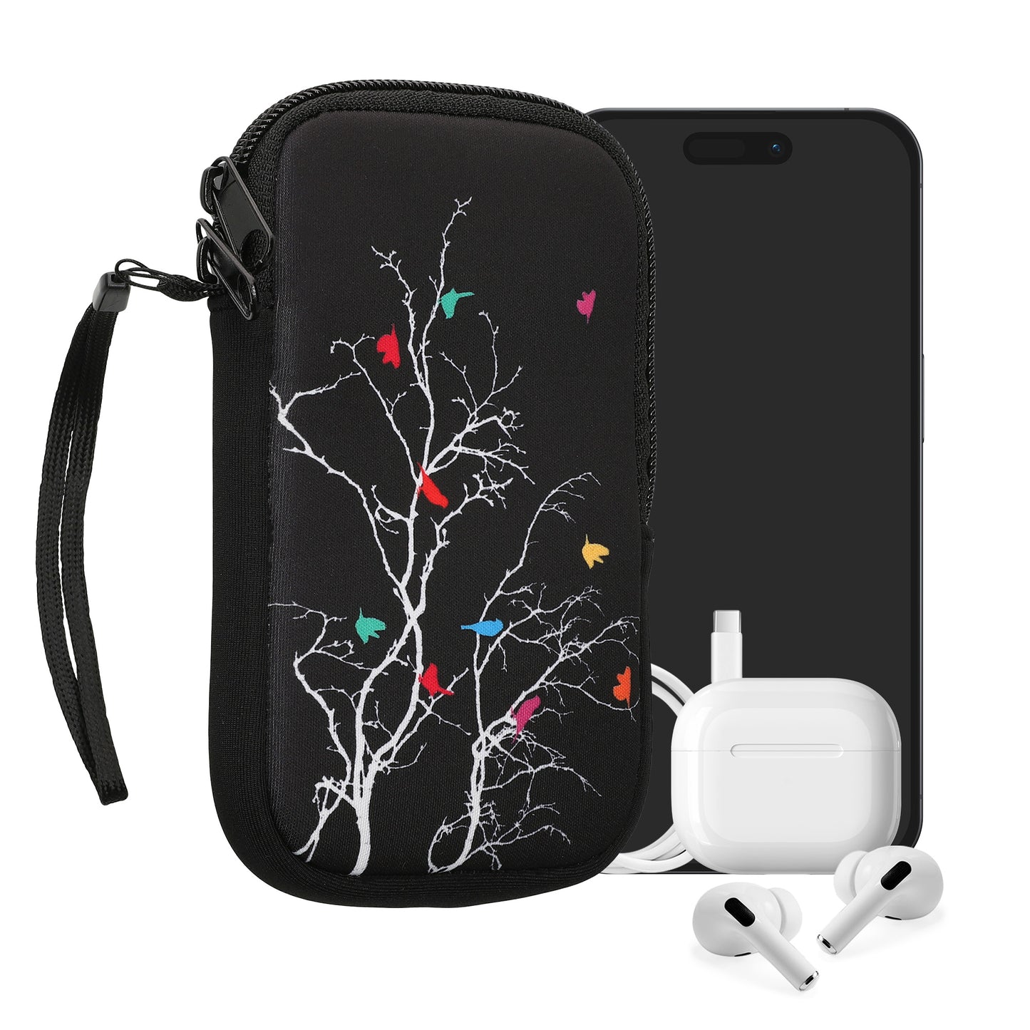 kwmobile Handytasche für Smartphones - Handy Tasche Hülle Cover Case Schutzhülle - Vögel Ast - 15,2 x 8,3 cm Innenmaße