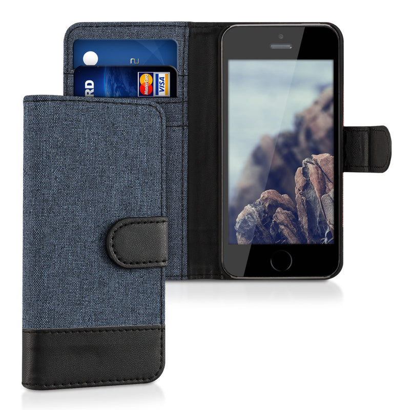 kwmobile Wallet Case kompatibel mit Apple iPhone SE (1.Gen 2016) / iPhone 5 / iPhone 5S - Hülle mit Ständer - Handyhülle Kartenfächer Schwarz