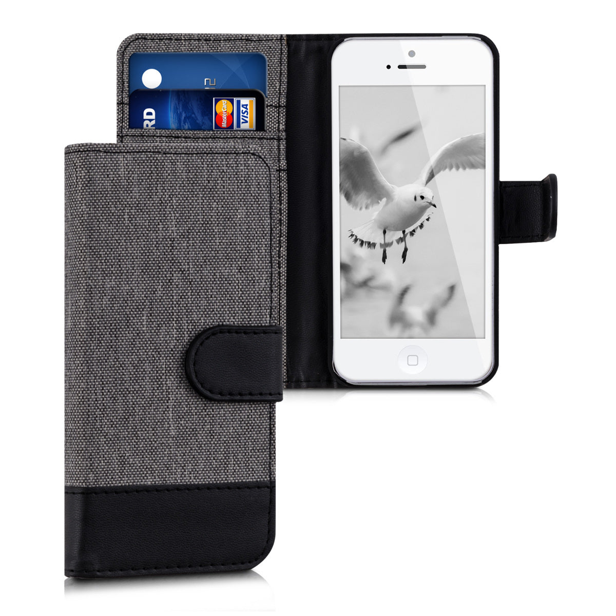 kwmobile Wallet Case kompatibel mit Apple iPhone SE (1.Gen 2016) / iPhone 5 / iPhone 5S - Hülle mit Ständer - Handyhülle Kartenfächer Schwarz