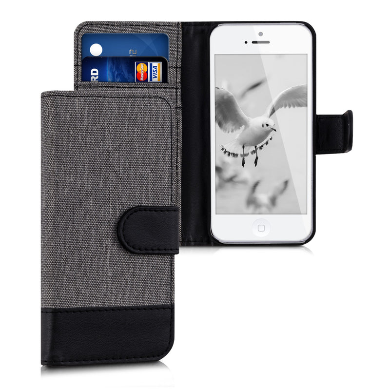 kwmobile Wallet Case kompatibel mit Apple iPhone SE (1.Gen 2016) / iPhone 5 / iPhone 5S - Hülle mit Ständer - Handyhülle Kartenfächer Schwarz