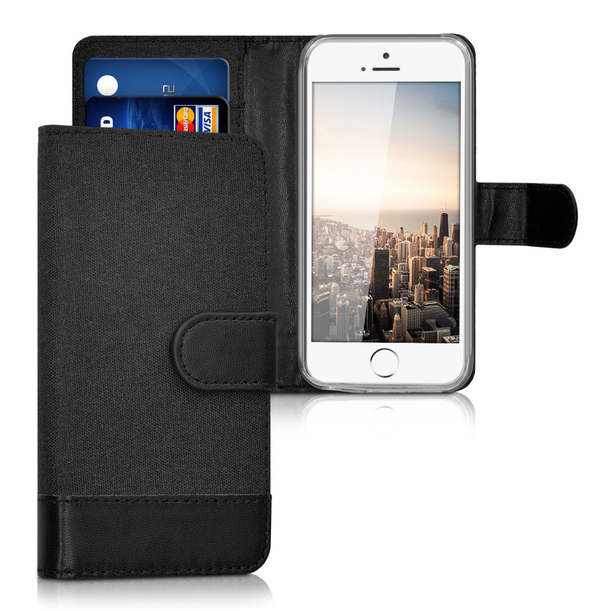 kwmobile Wallet Case kompatibel mit Apple iPhone SE (1.Gen 2016) / iPhone 5 / iPhone 5S - Hülle mit Ständer - Handyhülle Kartenfächer Schwarz