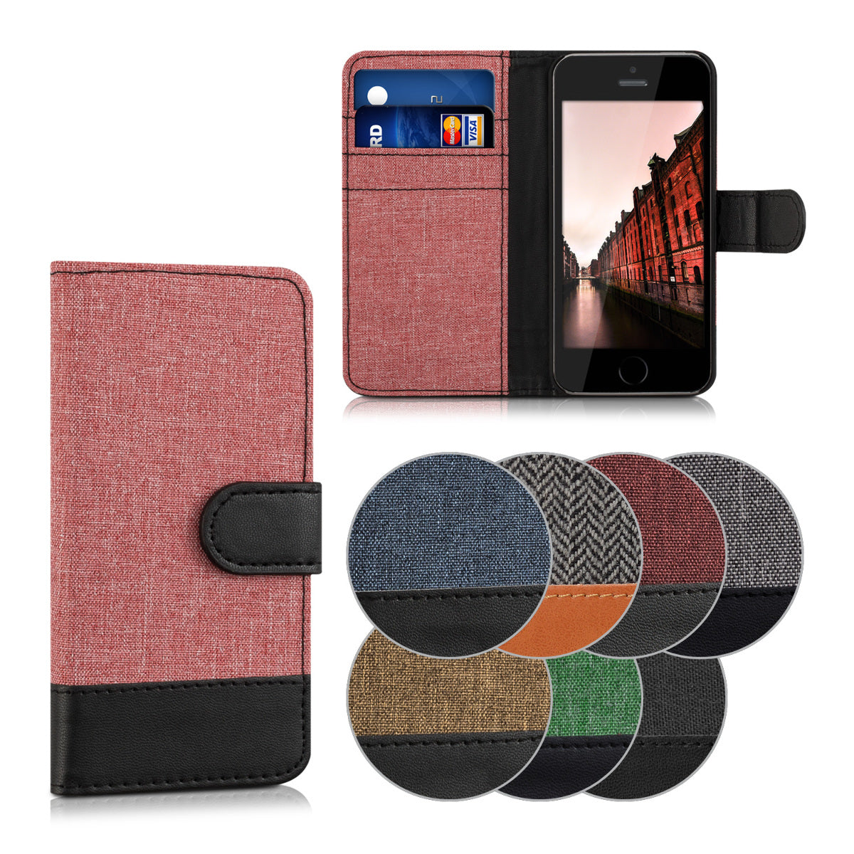 kwmobile Wallet Case kompatibel mit Apple iPhone SE (1.Gen 2016) / iPhone 5 / iPhone 5S - Hülle mit Ständer - Handyhülle Kartenfächer Anthrazit Schwarz Anthrazit  