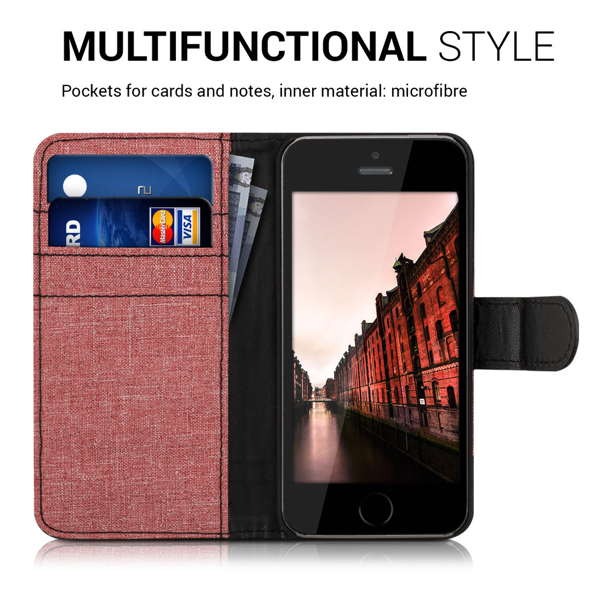 kwmobile Wallet Case kompatibel mit Apple iPhone SE (1.Gen 2016) / iPhone 5 / iPhone 5S - Hülle mit Ständer - Handyhülle Kartenfächer Schwarz