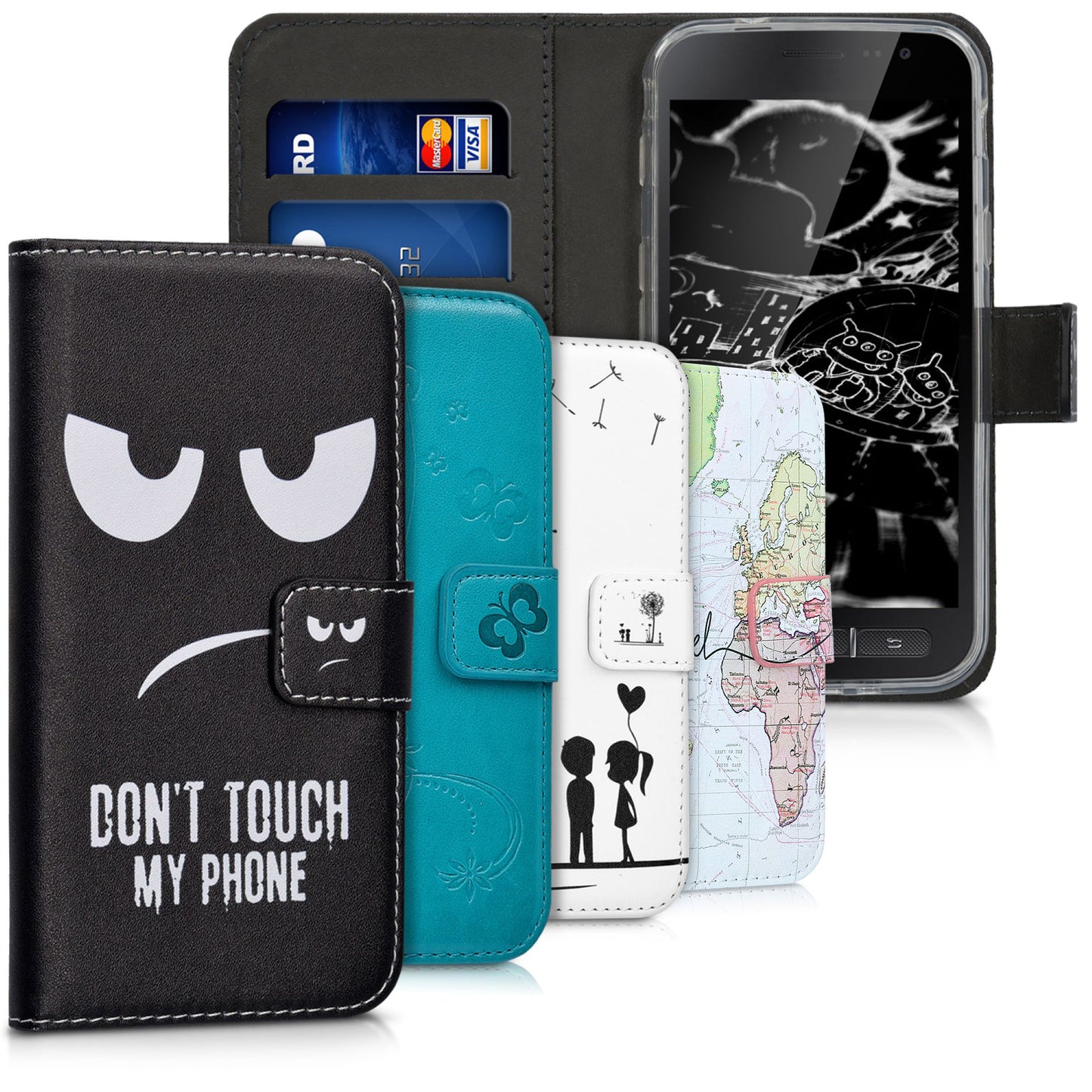 kwmobile Wallet Case kompatibel mit Samsung Galaxy Xcover 4 / 4S Hülle - Cover mit Ständer und Kartenfächern - Don't touch my Phone Weiß Schwarz Weiß  [dsg01]