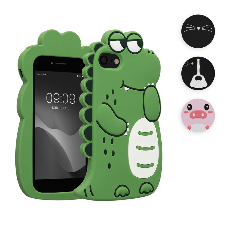 kwmobile Schutzhülle kompatibel mit Apple iPhone SE (2022) / iPhone SE (2020) / iPhone 8 / iPhone 7 - Hülle Handy - Handyhülle - Silikon Cover Case Süßer Dinosaurier Schwarz Weiß Grün Schwarz  [dsg04]