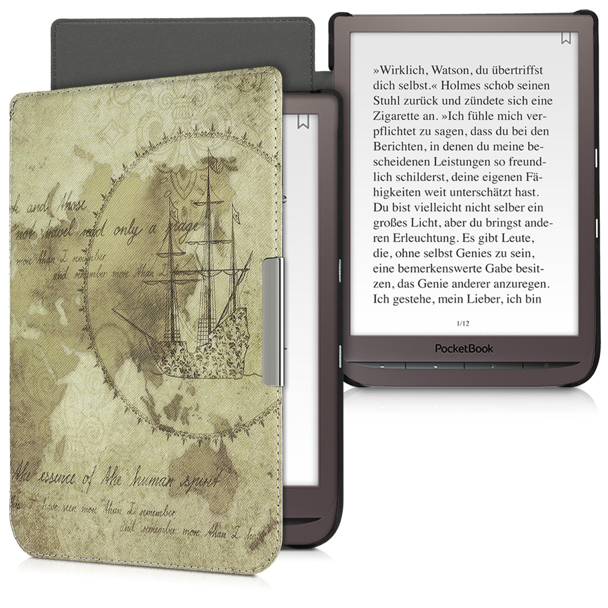 kwmobile Schutzhülle für Pocketbook InkPad 3 / 3 Pro / Color / Vivlio InkPad 3 Hülle - eReader Flip Case mit Auto Sleep Funktion - Travel Vintage
