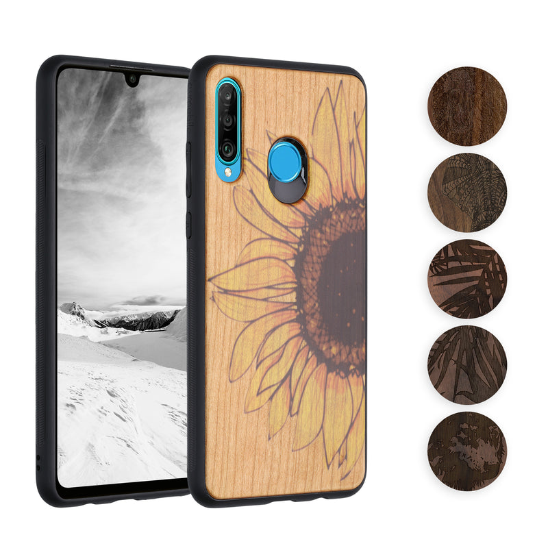 kwmobile Hülle kompatibel mit Huawei P30 Lite Hülle - Holz Case - Handy Cover - TPU Handyhülle in Dunkelbraun Indische Sonne Dunkelbraun  [dsg04]