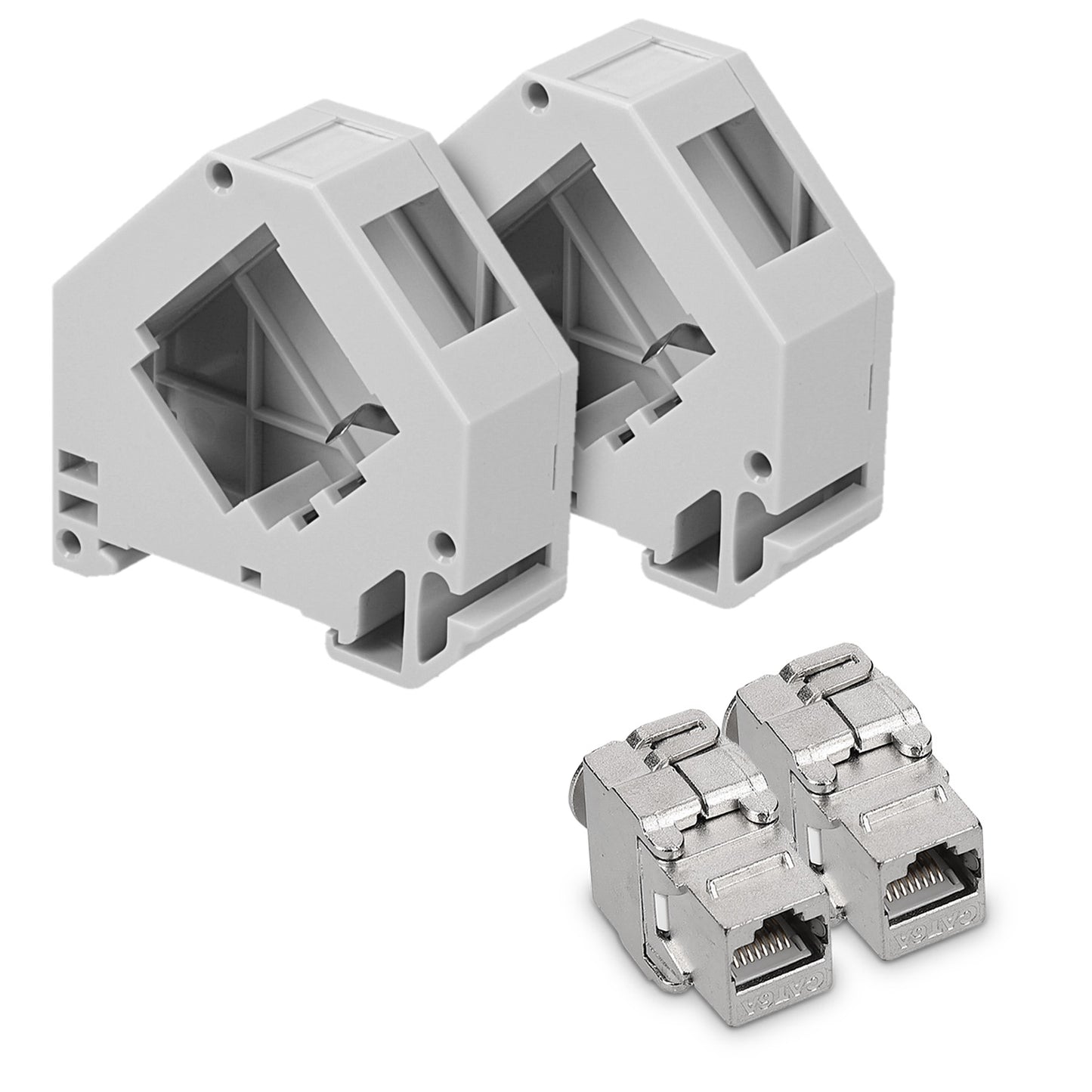 kwmobile Keystone Modul und Hutschienenadapter Set - passt auf genormte Hutschiene - 16x CAT6A Module 16x Halter - RJ45 Buchse geschirmt - werkzeuglos Silber  