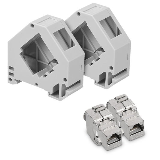 kwmobile Keystone Modul und Hutschienenadapter Set - passt auf genormte Hutschiene - 16x CAT6A Module 16x Halter - RJ45 Buchse geschirmt - werkzeuglos Silber  