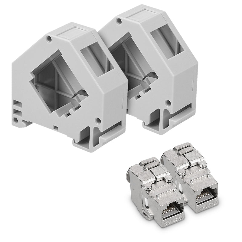 kwmobile Keystone Modul und Hutschienenadapter Set - passt auf genormte Hutschiene - 16x CAT6A Module 16x Halter - RJ45 Buchse geschirmt - werkzeuglos Silber  