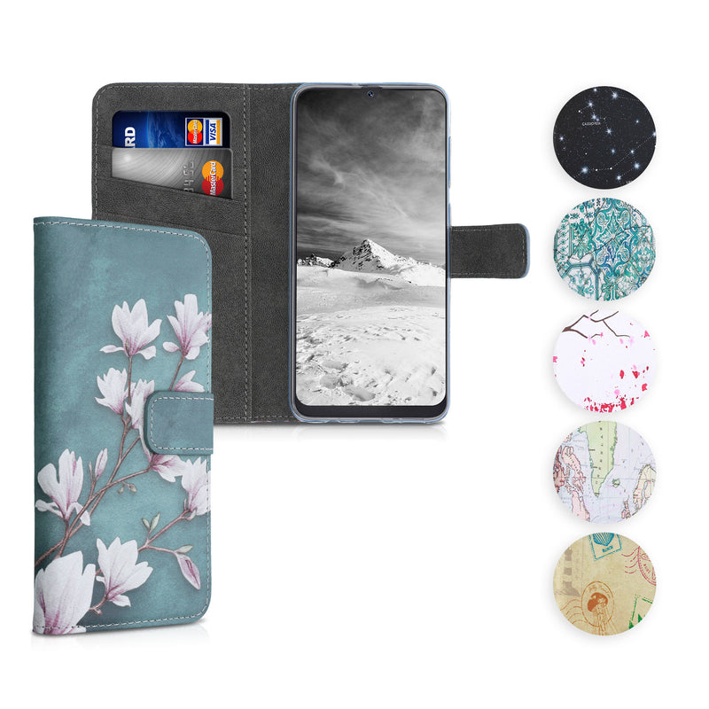 kwmobile Wallet Case kompatibel mit Samsung Galaxy A50 Hülle - Cover mit Ständer und Kartenfächern - Magnolien Taupe Weiß Blaugrau Taupe  [dsg03]