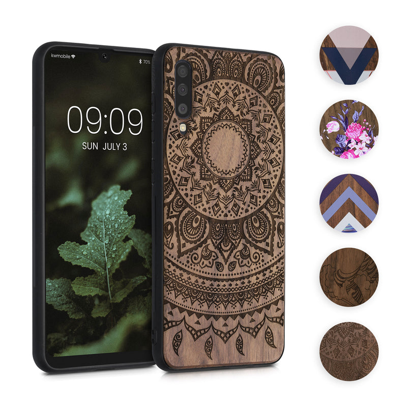 kwmobile Hülle kompatibel mit Samsung Galaxy A50 Hülle - Holz Case - Handy Cover - TPU Handyhülle in Dunkelbraun Indische Sonne Dunkelbraun  [dsg05]