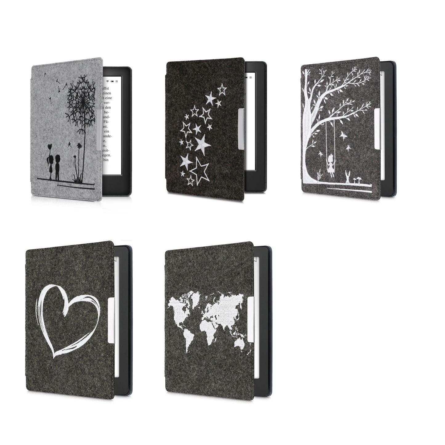 kwmobile Hülle kompatibel mit Kobo Aura H2O Edition 2 - Filz Stoff eReader Schutzhülle Cover Case - Herz Brush Weiß Dunkelgrau Weiß  [dsg04]