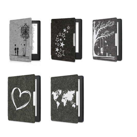 kwmobile Hülle kompatibel mit Kobo Aura H2O Edition 2 - Filz Stoff eReader Schutzhülle Cover Case - Herz Brush Weiß Dunkelgrau Weiß  [dsg04]
