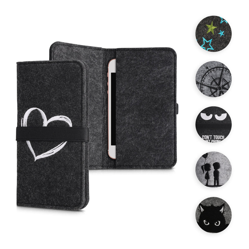 kwmobile Filz Tasche für Smartphones - mit Gummiband - Handy Filztasche Schutztasche Neugierige Katze Grau Schwarz - 16,0 x 8,0 cm Innenmaße Grau  [dsg06]