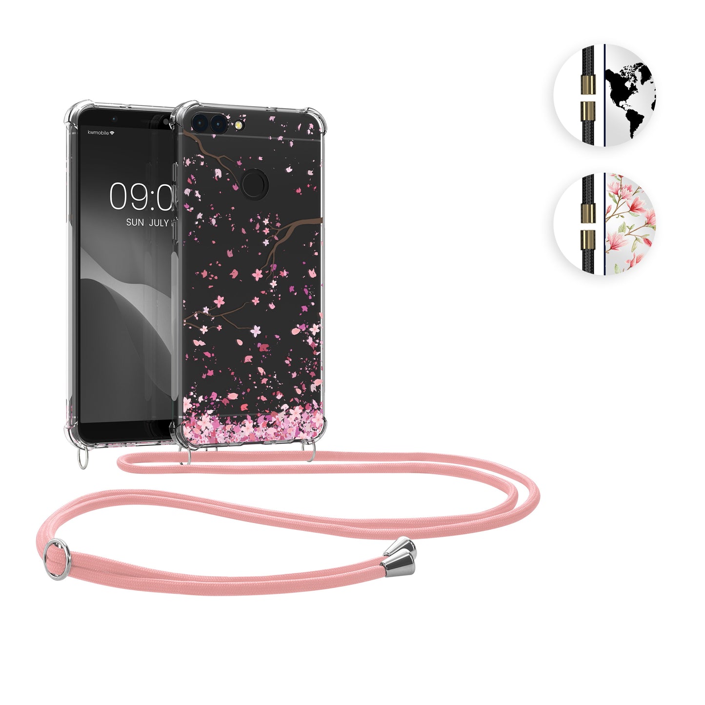 kwmobile Necklace Case kompatibel mit Huawei Enjoy 7S / P Smart (2017) Hülle - Silikon Cover mit Handykette - Schwarz Transparent Travel Umriss Schwarz  [dsg01]