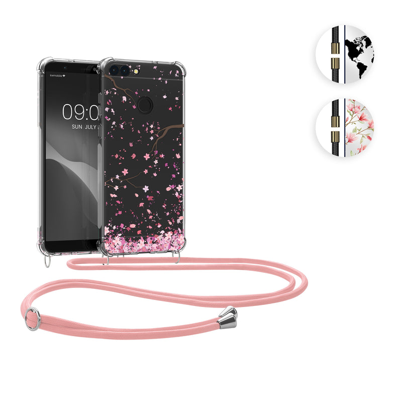 kwmobile Necklace Case kompatibel mit Huawei Enjoy 7S / P Smart (2017) Hülle - Silikon Cover mit Handykette - Schwarz Transparent Travel Umriss Schwarz  [dsg01]