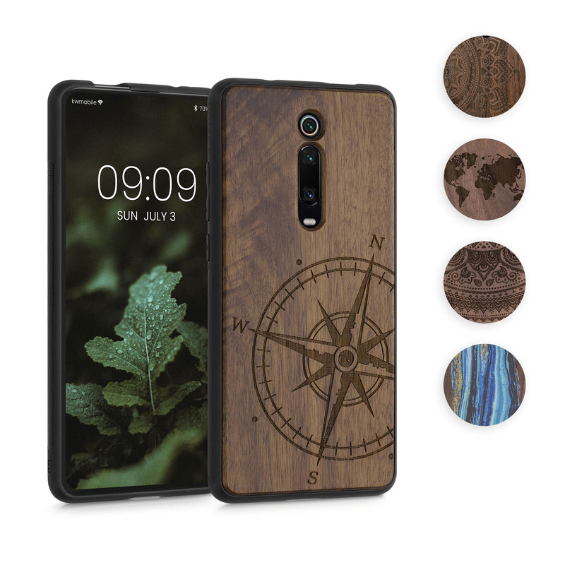 kwmobile Hülle kompatibel mit Xiaomi Mi 9T (Pro) / Redmi K20 (Pro) Hülle - Holz Case - Handy Cover - TPU Handyhülle in Dunkelbraun Kompass Vintage Dunkelbraun  [dsg02]