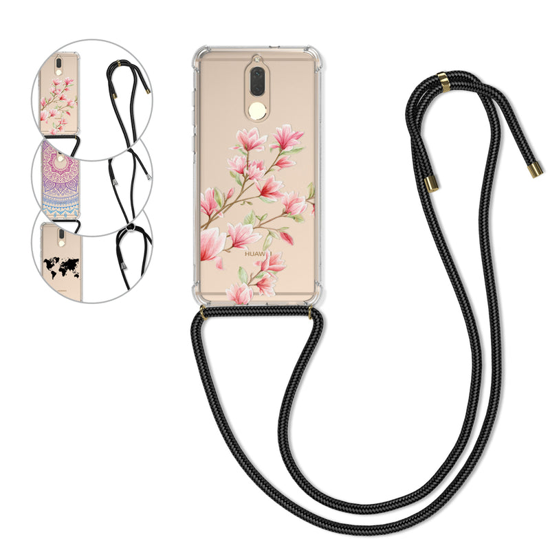 kwmobile Necklace Case kompatibel mit Huawei Mate 10 Lite Hülle - Silikon Cover mit Handykette - Rosa Weiß Transparent Magnolien Rosa  [dsg01]