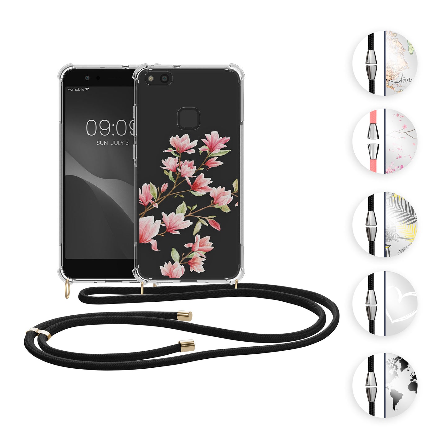 kwmobile Necklace Case kompatibel mit Huawei P10 Lite Hülle - Silikon Cover mit Handykette - Rosa Dunkelbraun Transparent Kirschblütenblätter Rosa  [dsg04]
