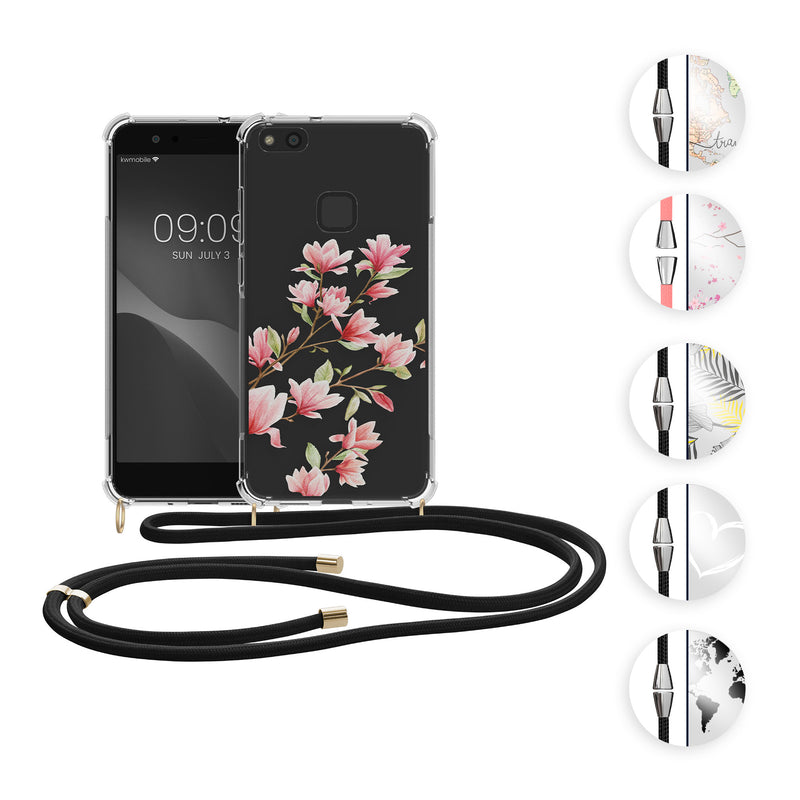 kwmobile Necklace Case kompatibel mit Huawei P10 Lite Hülle - Silikon Cover mit Handykette - Rosa Dunkelbraun Transparent Kirschblütenblätter Rosa  [dsg04]