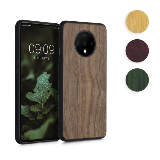 kwmobile Hülle kompatibel mit OnePlus 7T Hülle - Holz Case - stoßfestes Handy Cover - TPU Handyhülle in Dunkelbraun Dunkelbraun  