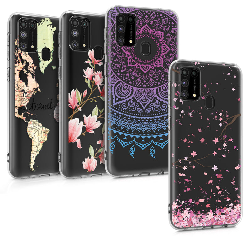 kwmobile Case kompatibel mit Samsung Galaxy M31 - Hülle Silikon transparent Kirschblütenblätter Rosa Dunkelbraun Transparent Rosa  [dsg01]