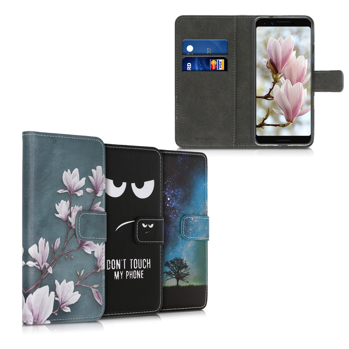 kwmobile Wallet Case kompatibel mit Google Pixel 3a Hülle - Cover mit Ständer und Kartenfächern - Magnolien Taupe Weiß Blaugrau Taupe  [dsg01]