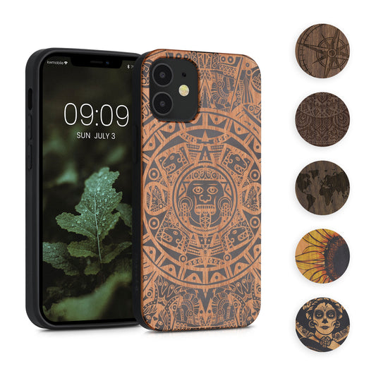 kwmobile Hülle kompatibel mit Apple iPhone 12 mini Hülle - Holz Case - Handy Cover - TPU Handyhülle in Dunkelbraun Kompass Vintage Dunkelbraun  [dsg01]