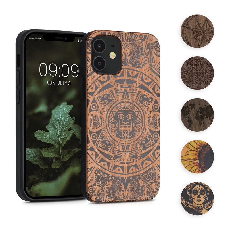 kwmobile Hülle kompatibel mit Apple iPhone 12 mini Hülle - Holz Case - Handy Cover - TPU Handyhülle in Dunkelbraun Kompass Vintage Dunkelbraun  [dsg01]