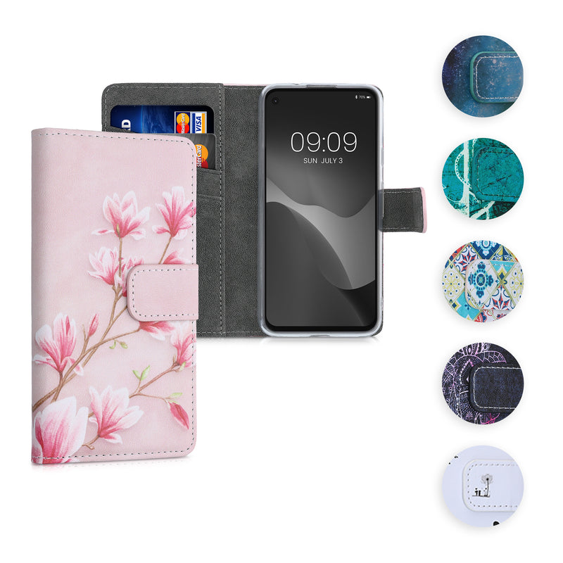 kwmobile Wallet Case kompatibel mit Google Pixel 4a Hülle - Cover mit Ständer und Kartenfächern - Magnolien Taupe Weiß Blaugrau Taupe  [dsg01]