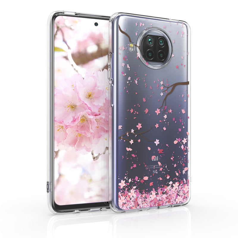 kwmobile Case kompatibel mit Xiaomi Mi 10T Lite - Hülle Silikon transparent Kirschblütenblätter Rosa Dunkelbraun Transparent Rosa  [dsg01]