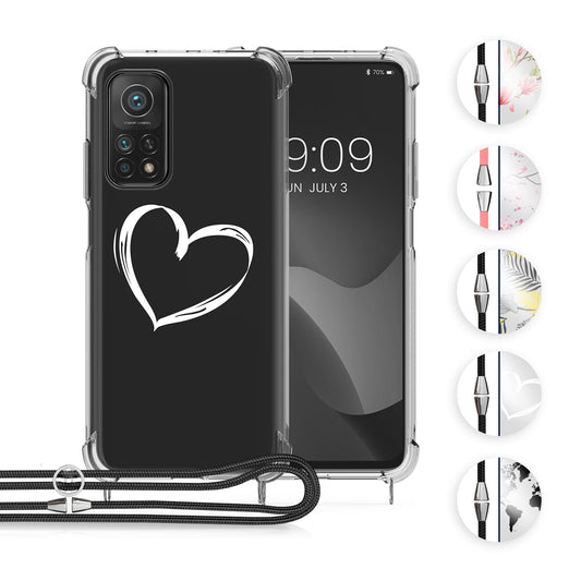 kwmobile Necklace Case kompatibel mit Xiaomi Mi 10T / Mi 10T Pro Hülle - Silikon Cover mit Handykette - Weiß Transparent Herz Brush Weiß  [dsg04]