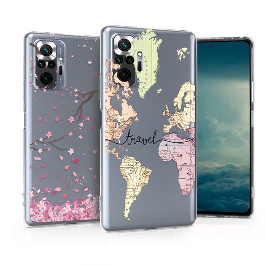 kwmobile Case kompatibel mit Xiaomi Redmi Note 10 Pro - Hülle Silikon transparent Kirschblütenblätter Rosa Dunkelbraun Transparent Rosa  [dsg01]