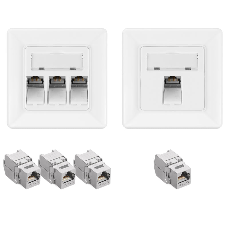 kwmobile Keystone Dose Modul Set - 24x Keystone Modul 8x Netzwerkdose 3-Port CAT 6A Kabel - 10Gibt/s geschirmt Metall Gehäuse RJ45 Schnappverschluss Silber  [dsg03]