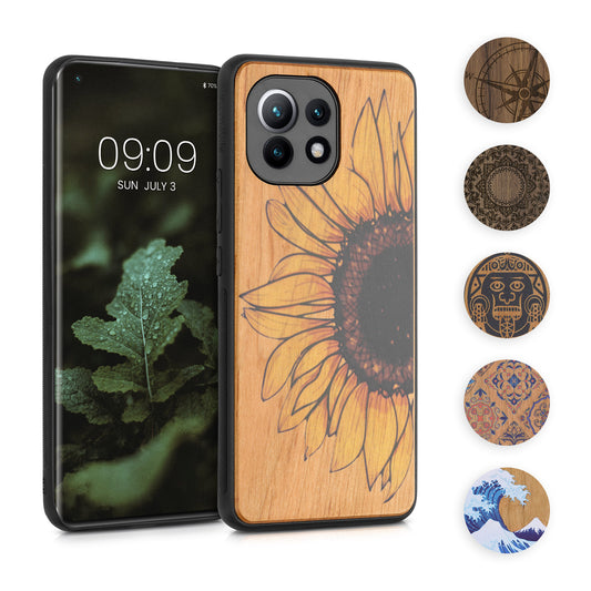 kwmobile Hülle kompatibel mit Xiaomi Mi 11 Hülle - Holz Case - Handy Cover - TPU Handyhülle in Dunkelbraun Kompass Vintage Dunkelbraun  [dsg01]