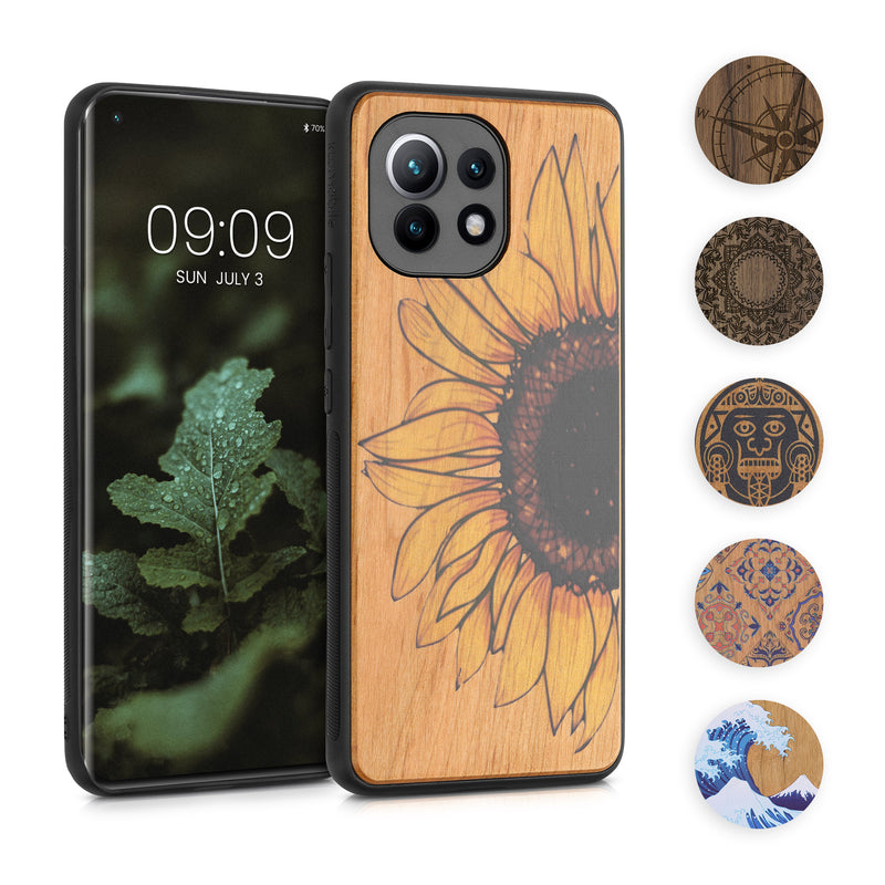 kwmobile Hülle kompatibel mit Xiaomi Mi 11 Hülle - Holz Case - Handy Cover - TPU Handyhülle in Dunkelbraun Kompass Vintage Dunkelbraun  [dsg01]