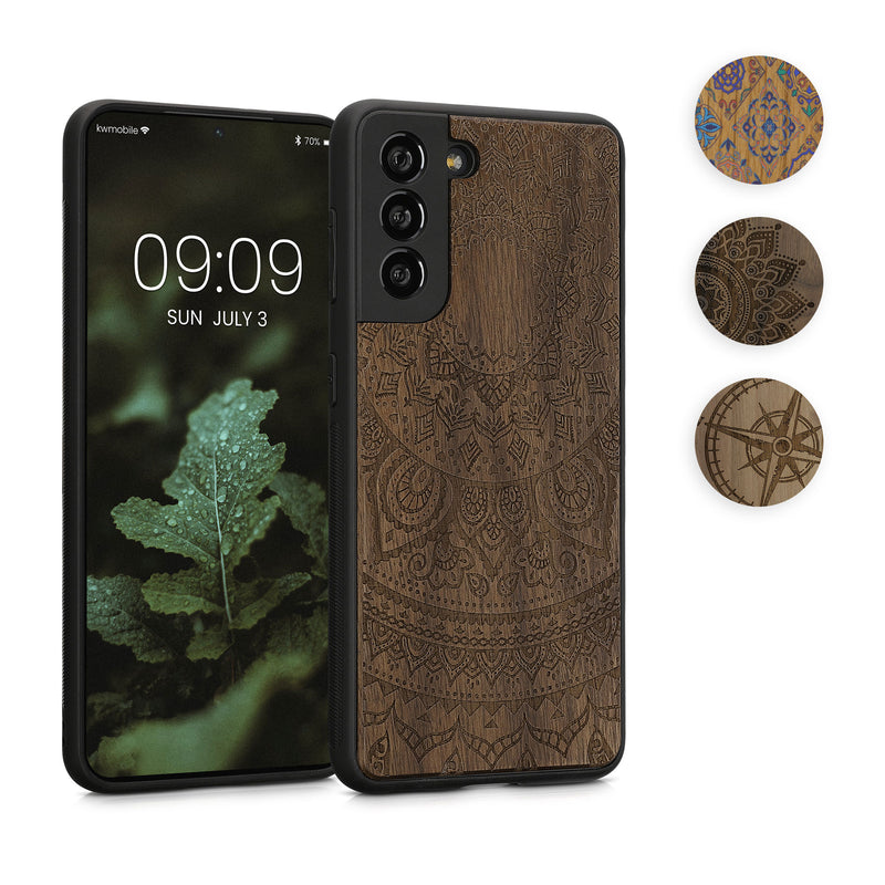 kwmobile Hülle kompatibel mit Samsung Galaxy S21 Hülle - Holz Case - Handy Cover - TPU Handyhülle in Dunkelbraun Kompass Vintage Dunkelbraun  [dsg03]